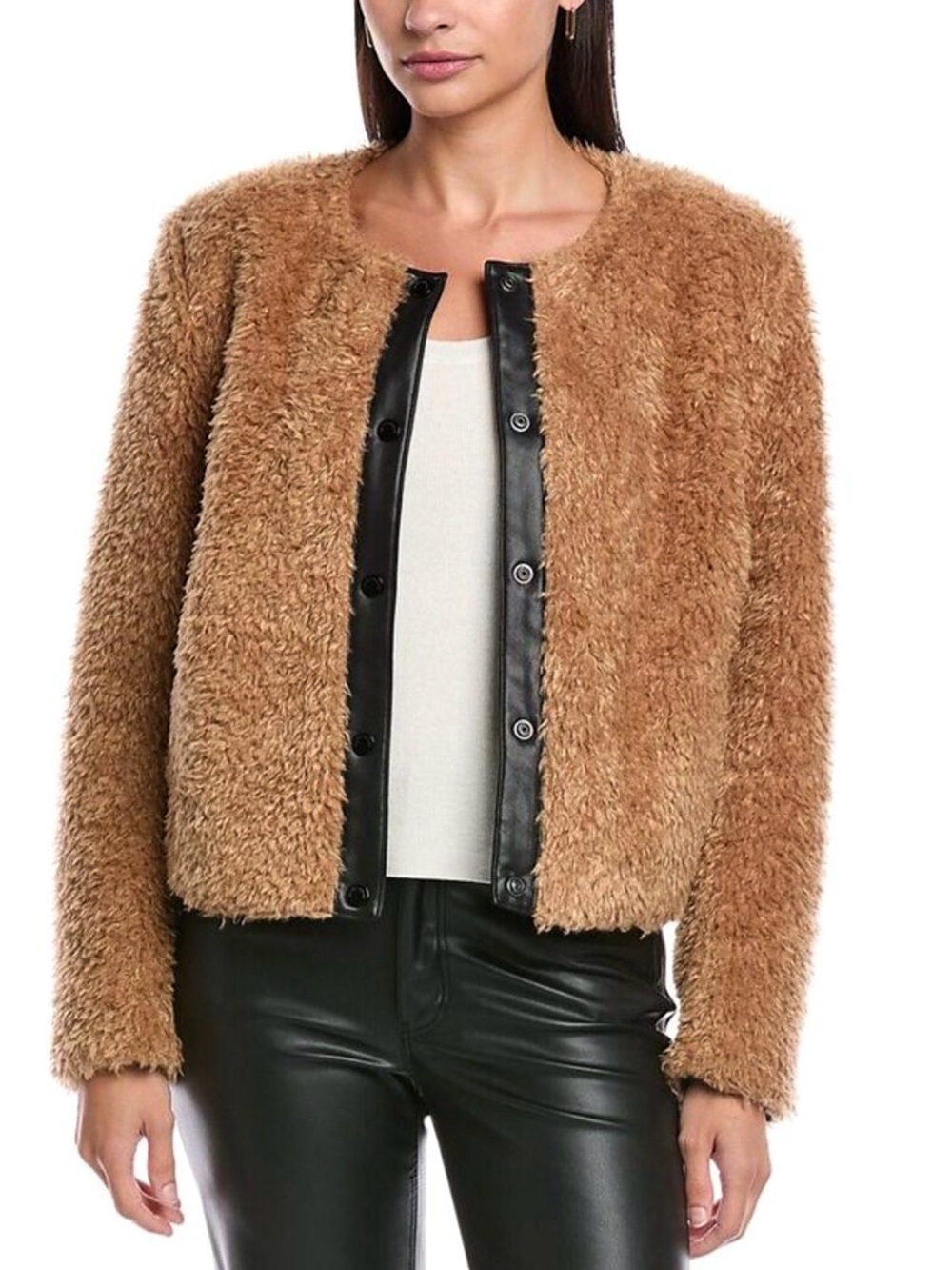 Rebecca Minkoff Wyatt Faux Fur Vegan Leather Trim Brown Black Jacket - Picture 5 of 13